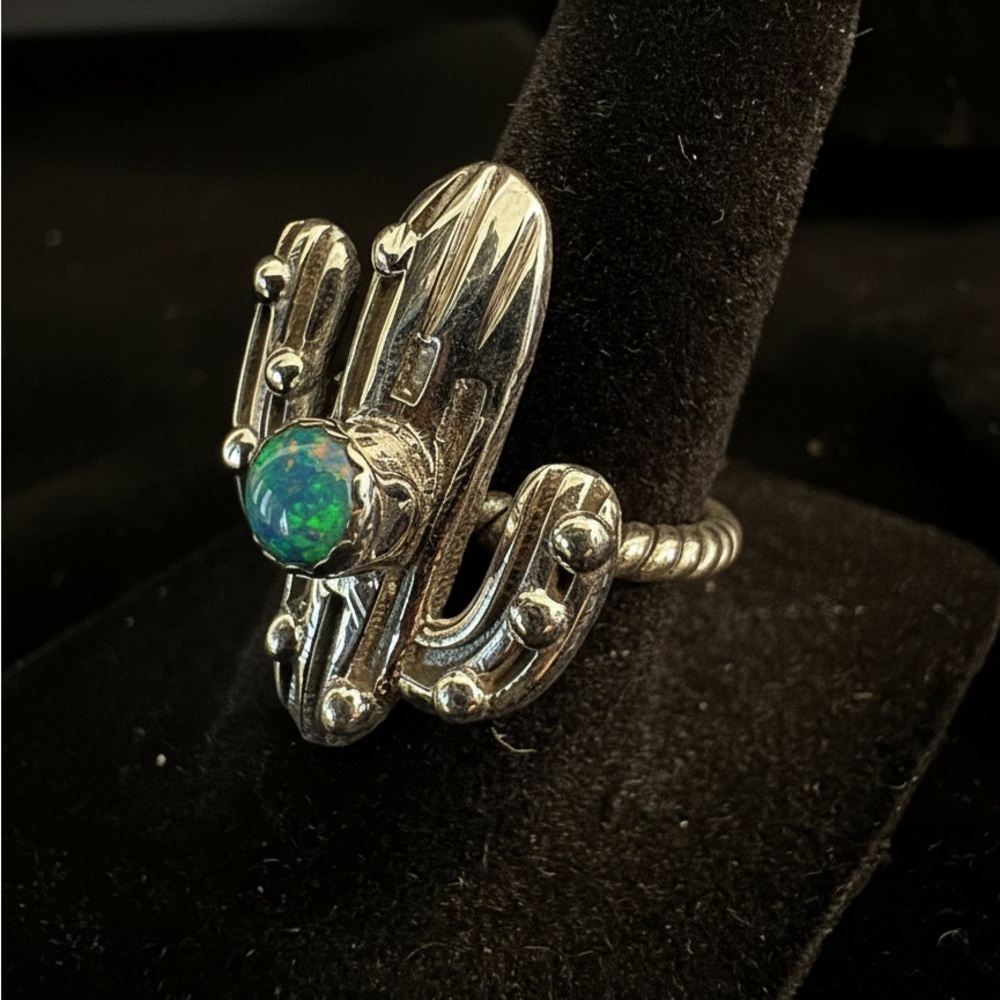 Sterling Silver Cactus Ring with Blue opal Stone